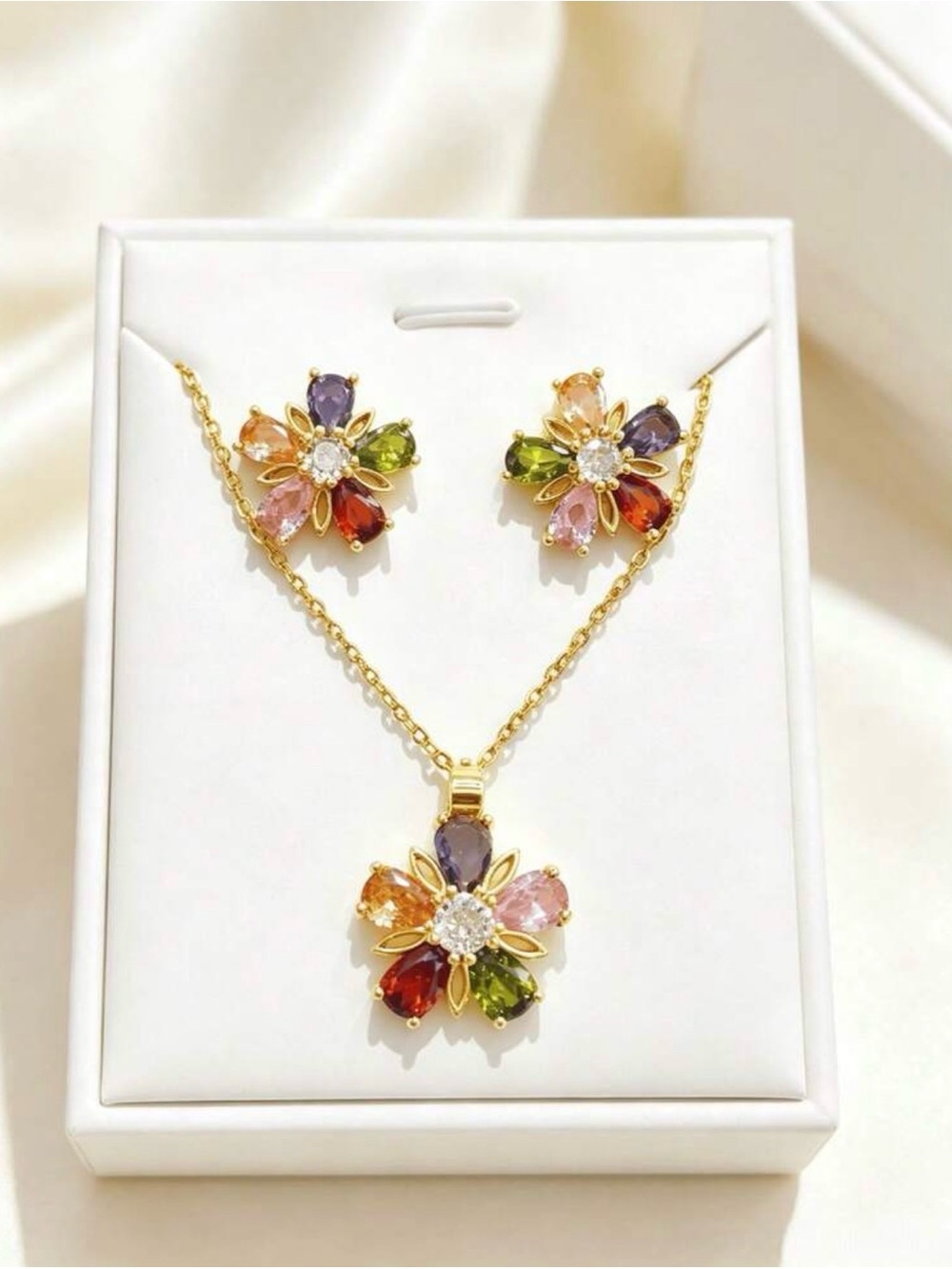 Multicolor Floral Crystal Pendant Necklace and Earring Set - Gold Tone